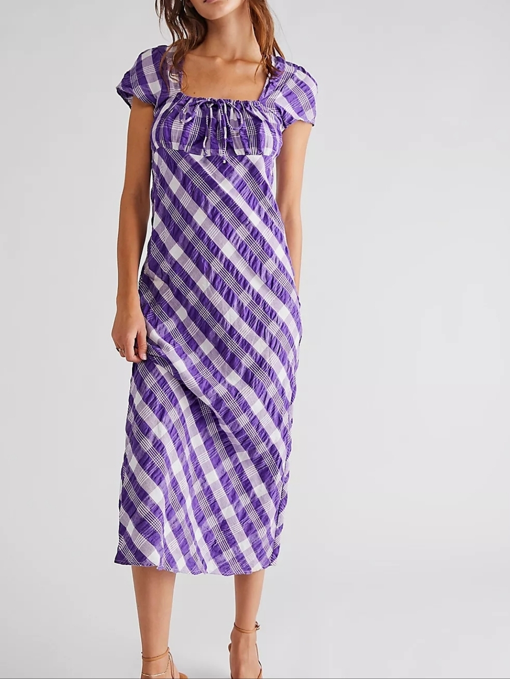 Free People Natalya Midi Dress Purple White Gingham Size Small